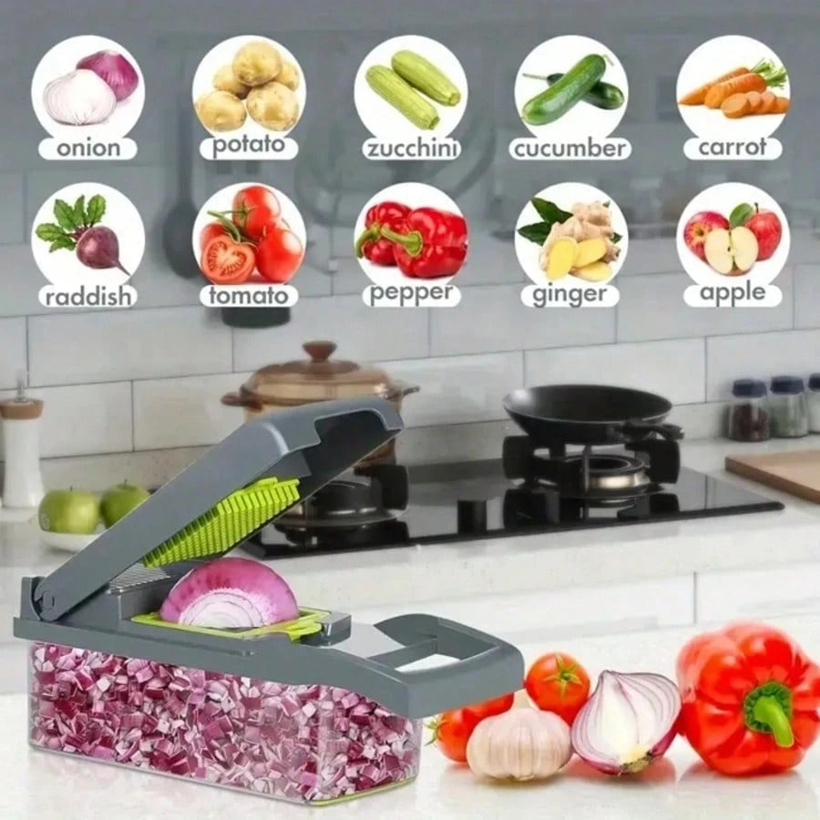 [Vegetable Slicer] 16-In-1 Vegetable Chopper, Professional Onion Chopper, Multi-Functional Food Chopper, Kitchen Vegetable Slicer And Dicer, Vegetable Chopper With 8 Blades, Carrot Chopper With Container Father Gift