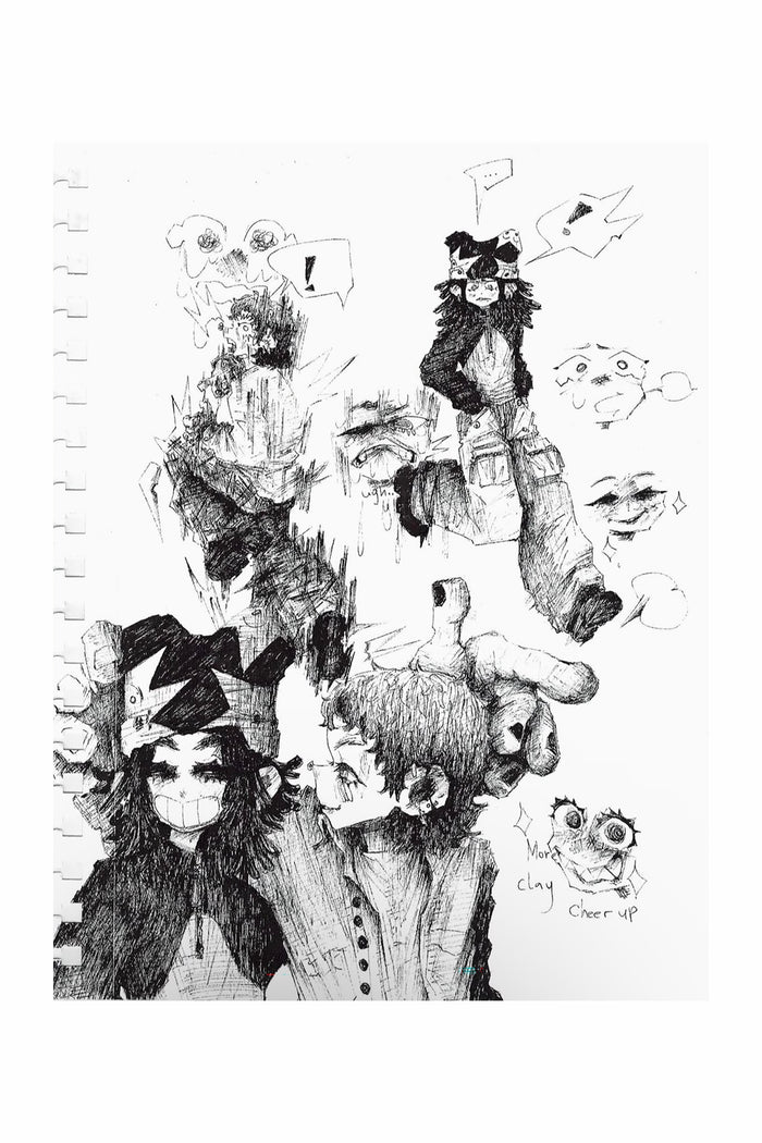 Flinching print by Klaymore: black-and-white character collage with doodles