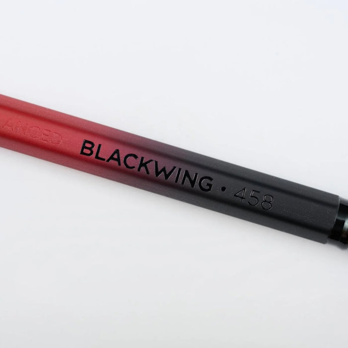 Blackwing Volume 458 pencil close-up showing barrel text and black tip