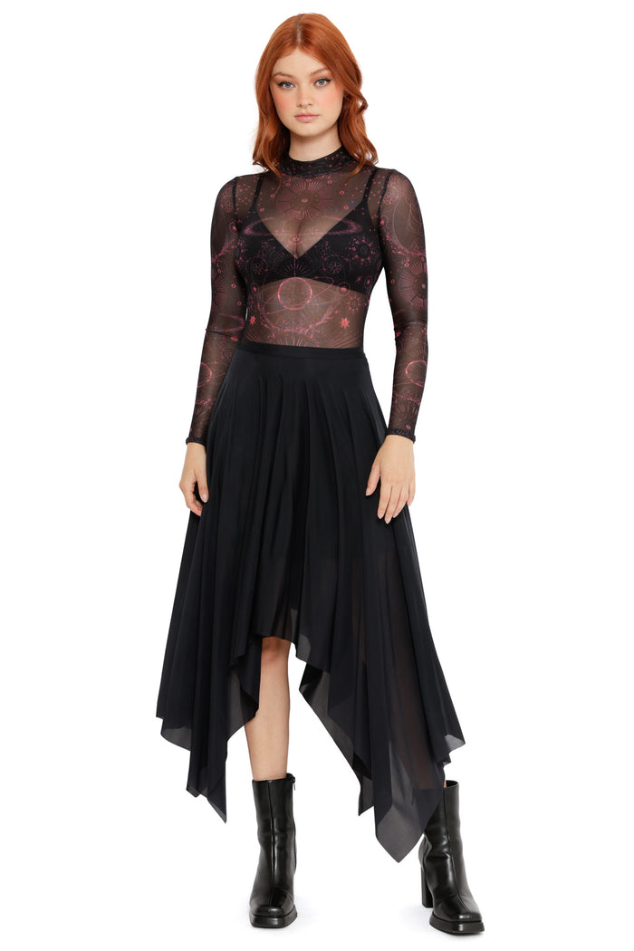 Sheer black long sleeve mesh top with red celestial and planetary print, styled over a black bralette