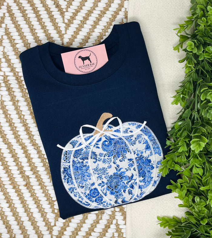 BLUE FLORAL BOW PUMPKIN Applique Embroidered T-shirt or Sweatshirt