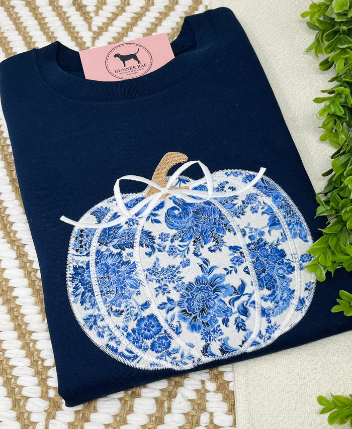 BLUE FLORAL BOW PUMPKIN Applique Embroidered T-shirt or Sweatshirt