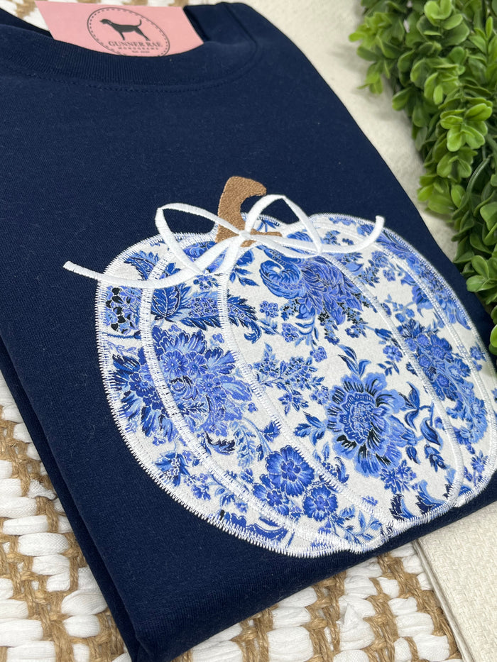BLUE FLORAL BOW PUMPKIN Applique Embroidered T-shirt or Sweatshirt