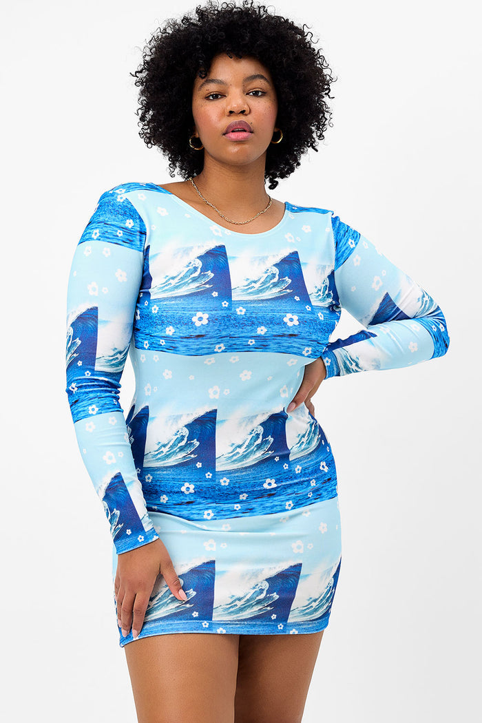 boz long sleeve short dress blue tides wave print XL