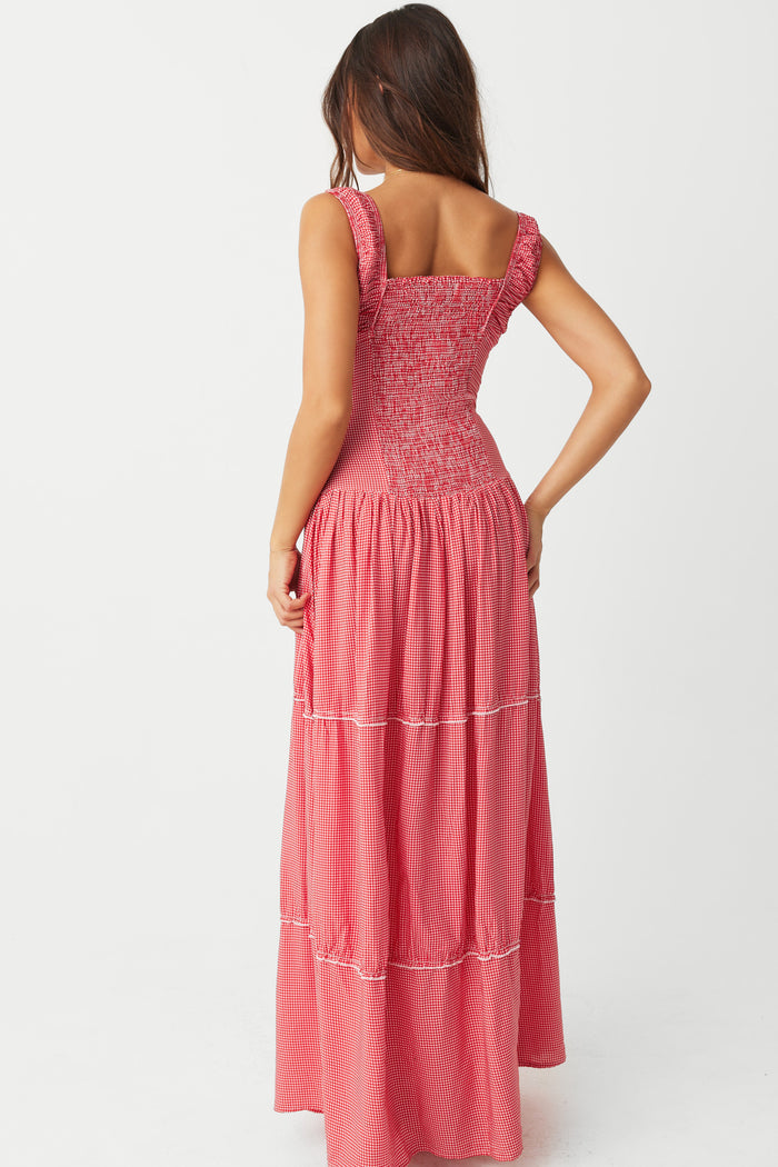 Christabelle Ruffle Maxi Dress Ladybug Gingham