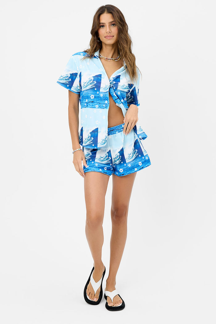 coco blue tides wave print terry button up top
