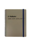 Grey spiral notebook with Rollbahn logo and blue edge band