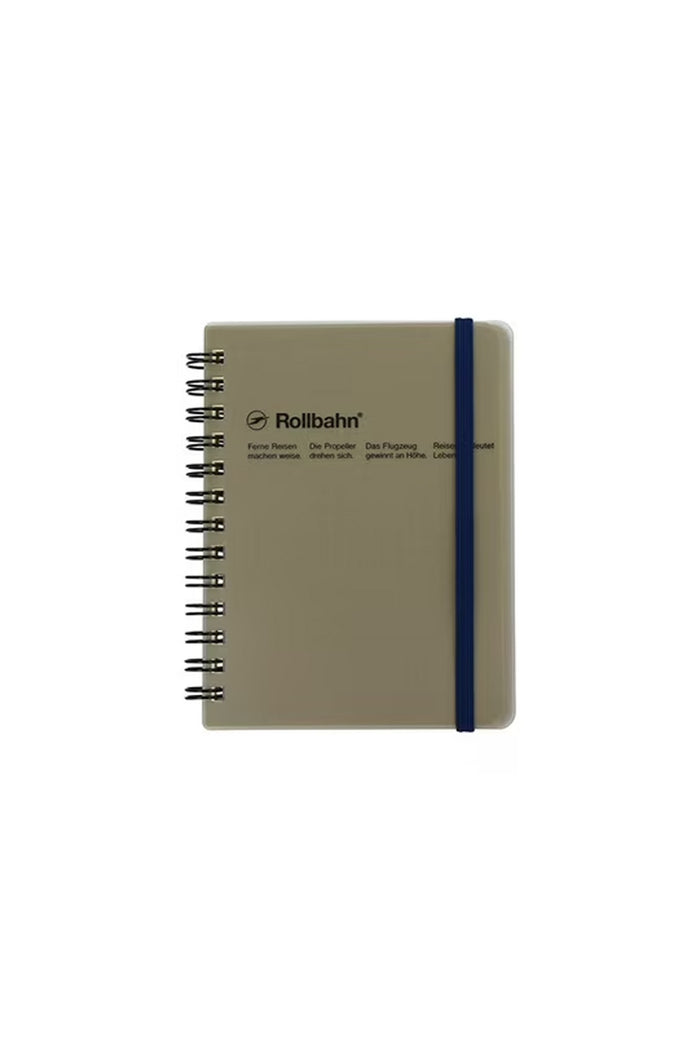 Grey spiral pocket memo notebook with blue spine and Rollbahn logo