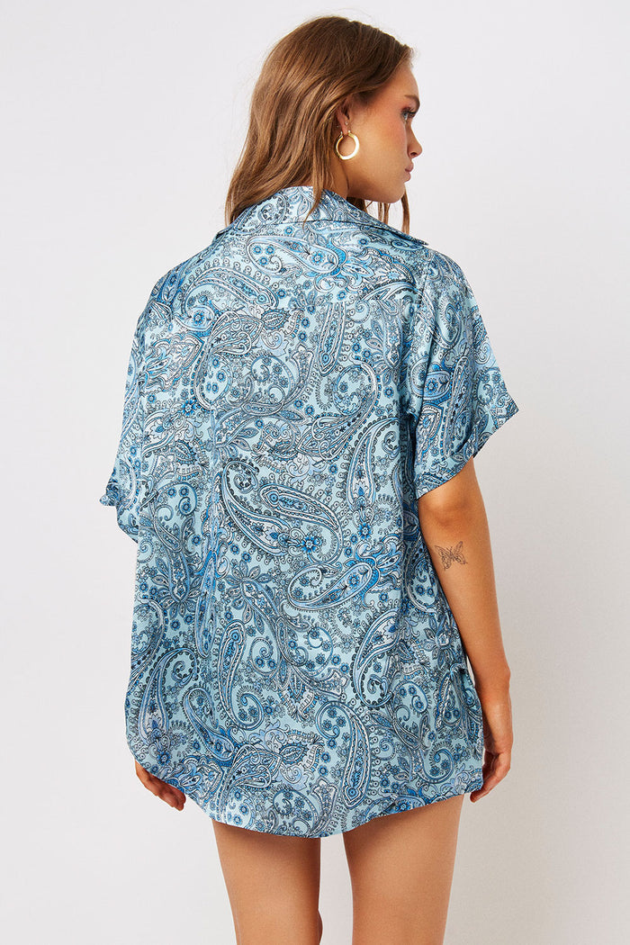 fifi silk blue paisley button up shirt
