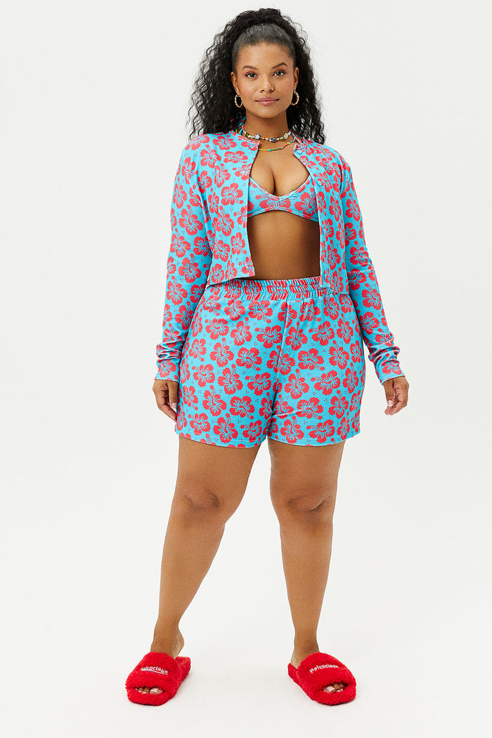 Fifi Blue Magic Terry Floral High Waist Shorts Extended