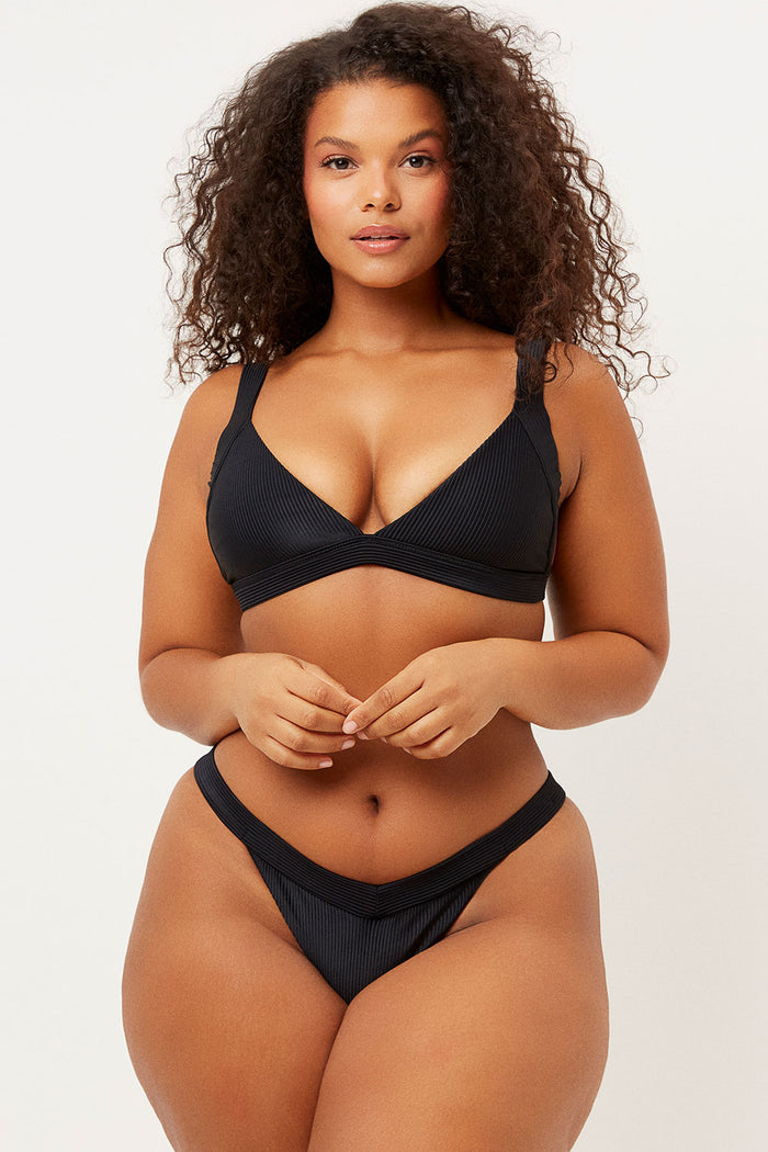 Frankies Bikinis Georgia Black Ribbed Low V-neck Tri Top