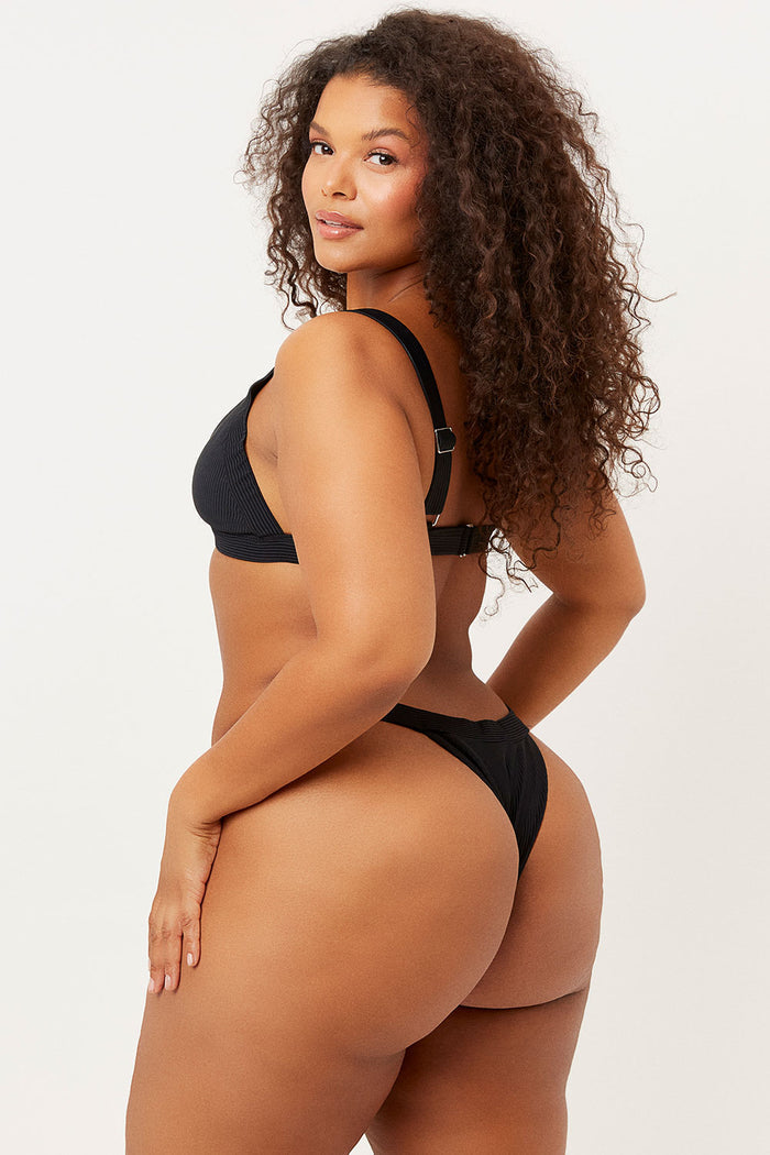 Frankies Bikinis Georgia Black Ribbed Low V-neck Tri Top