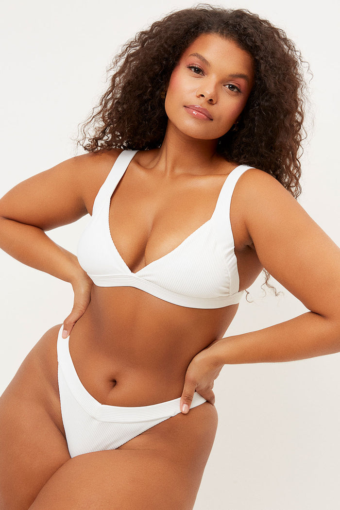 Frankies Bikinis Georgia White Ribbed Low V-neck Tri Top