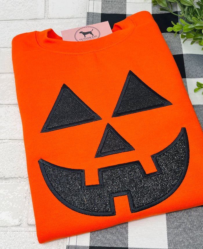 GLITTER JACK-O-LANTERN FACE Applique Embroidered T-shirt or Sweatshirt