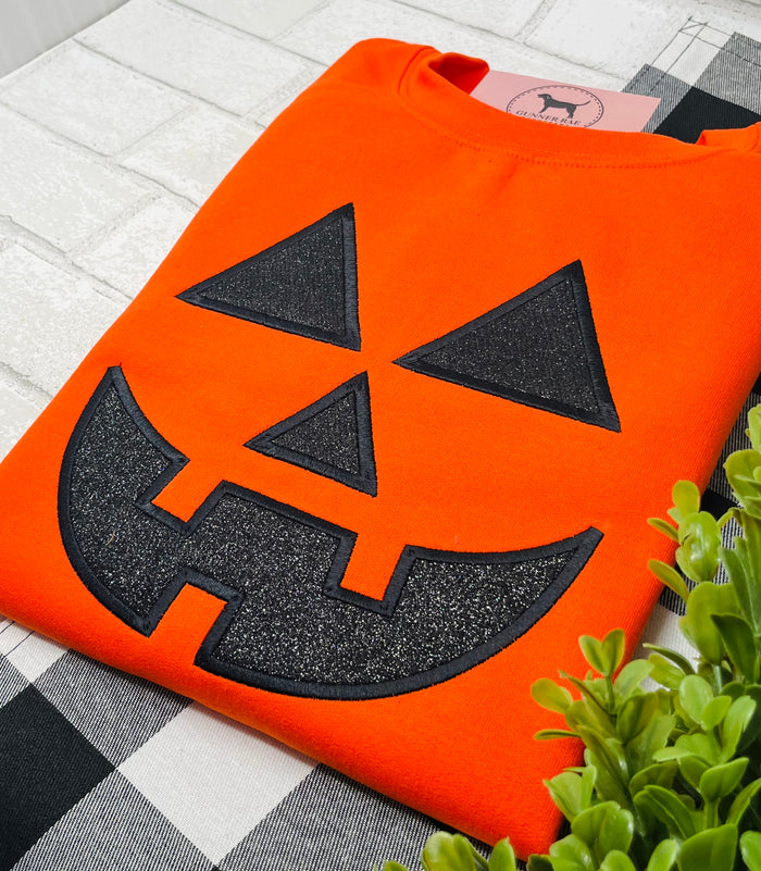 GLITTER JACK-O-LANTERN FACE Applique Embroidered T-shirt or Sweatshirt