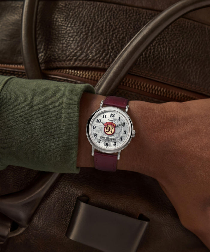TW2Y76200 Harry Potter x Timex Weekender Platform 9 3/4 37mm Leather Strap Watch Primary Wrist Image