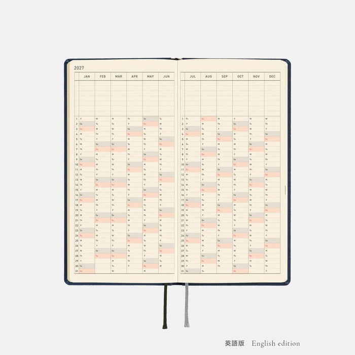Opened 2027 planner spread with monthly grid and colored schedule bars
