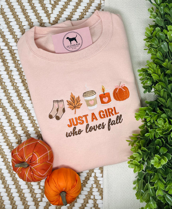 JUST A GIRL WHO LOVES FALL Embroidered T-shirt or Sweatshirt