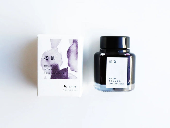 Glass ink bottle with black cap and light purple ink, with matching ink box