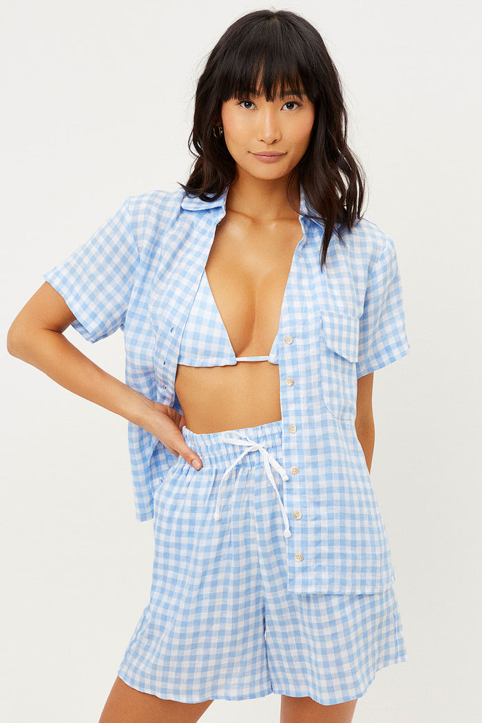 Lou Linen Bluebell Gingham Print Button Up Shirt