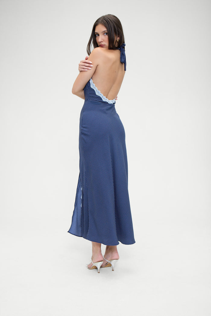 Madeleine Crepe Dress Navy Blue and White Dotty Print