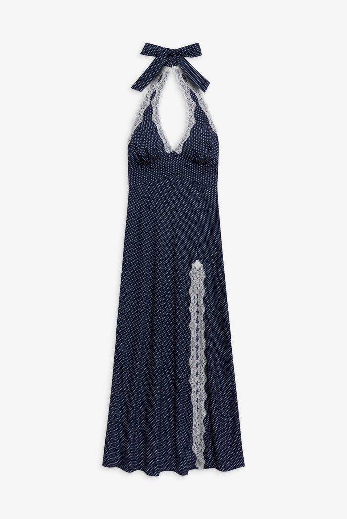 Madeleine Crepe Dress Navy Blue and White Dotty Print