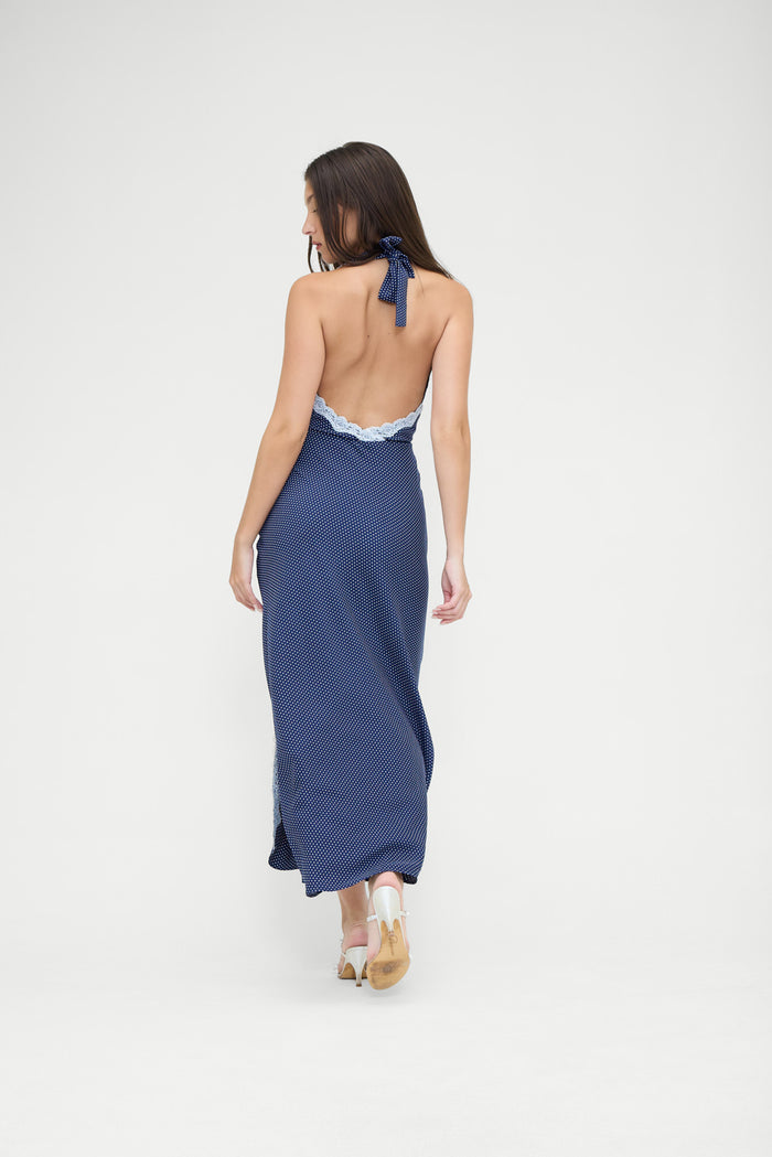 Madeleine Crepe Dress Navy Blue and White Dotty Print