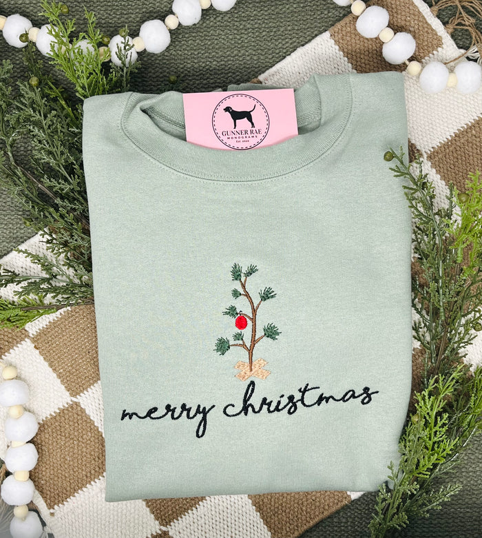 MERRY CHRISTMAS STICK TREE Embroidered T-shirt or Sweatshirt