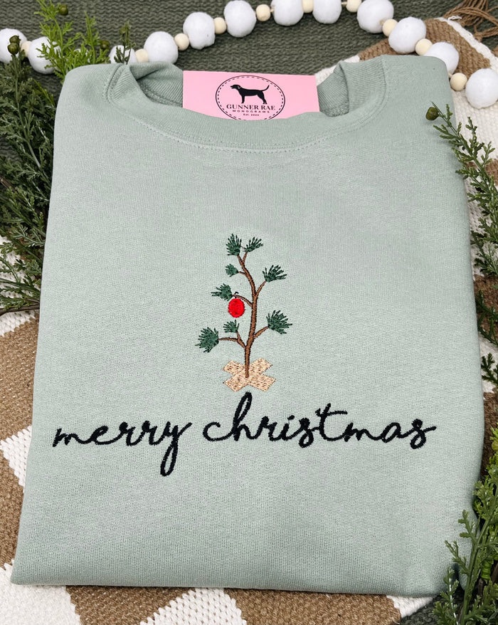 MERRY CHRISTMAS STICK TREE Embroidered T-shirt or Sweatshirt