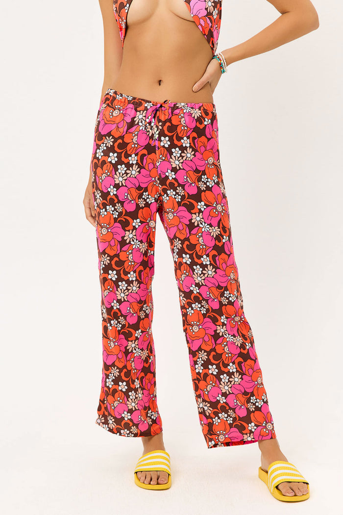 Michelle Tropics Satin Low Rise Wide Leg Pants
