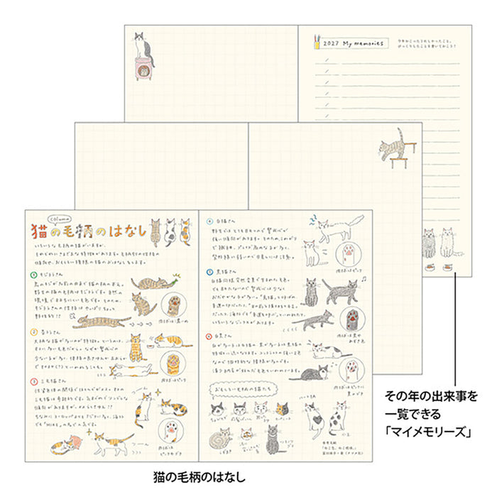 Planner spread with handwritten-note pages and small cat drawings.