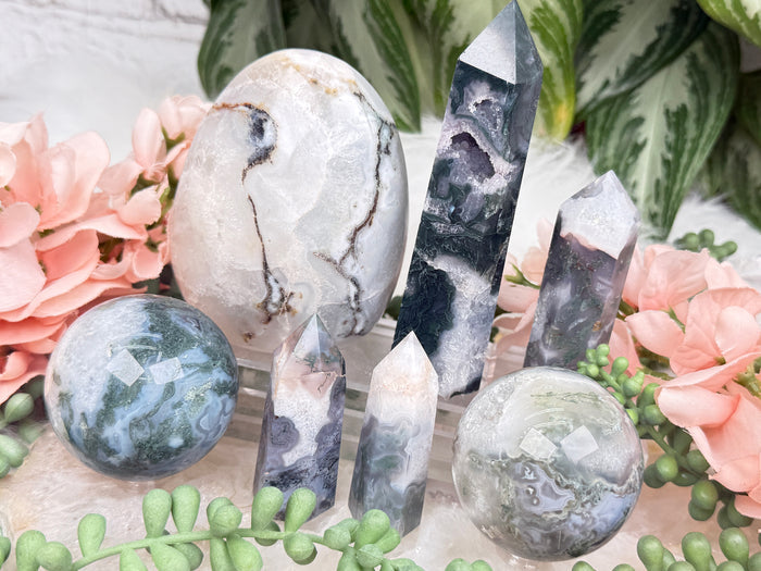 Moss Agate Spheres, Points & More