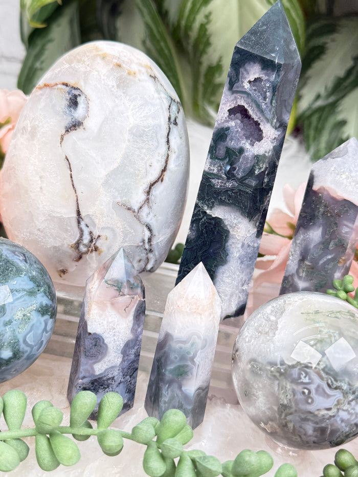 Moss Agate Spheres, Points & More