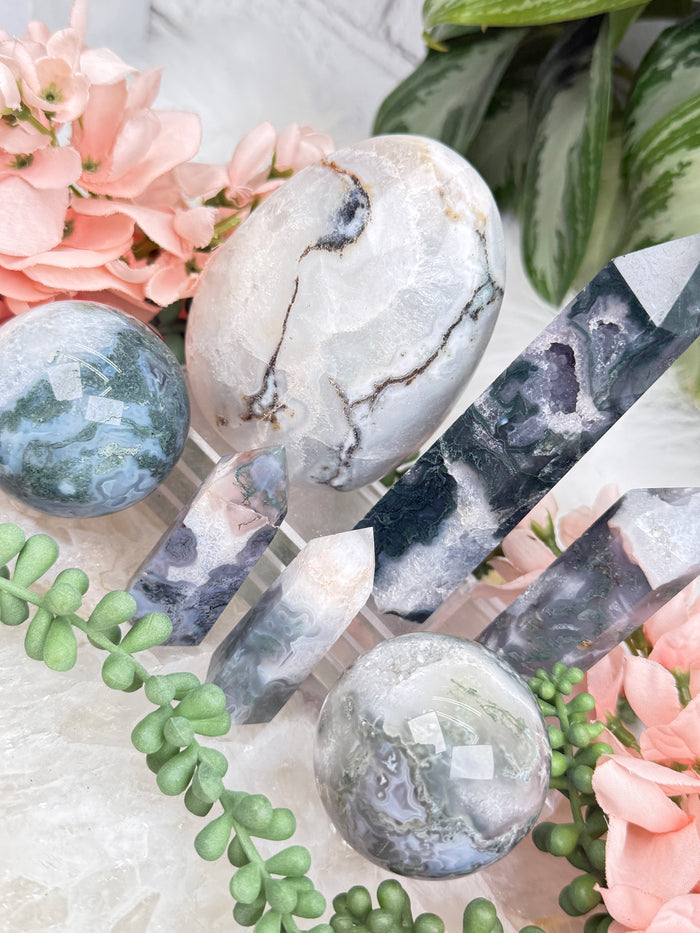Moss Agate Spheres, Points & More