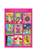 Tarot sticker sheet with colorful magicians and symbols on a pink sheet
