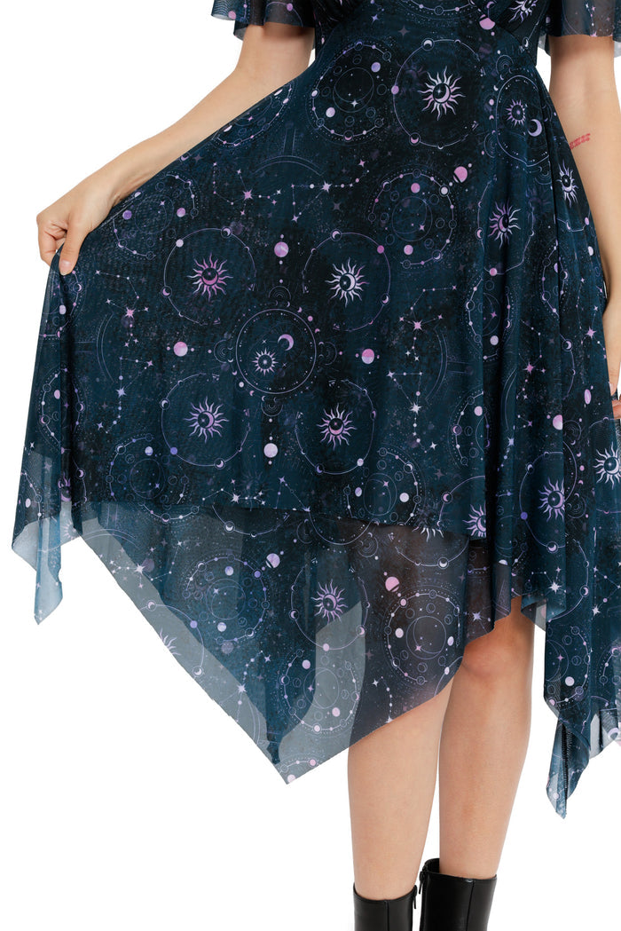 Space-inspired handkerchief hem dress with cosmic constellation artwork and flutter sleeves