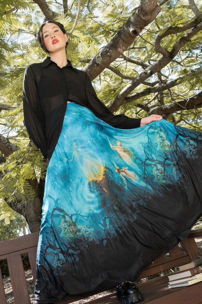 Office Siren Maxi Skirt front product image showing full length skirt, soft movement and detailed dark fantasy print