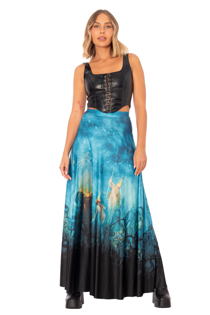 Office Siren Maxi Skirt front full length view showing flowing maxi skirt with blue fantasy artwork, high waist fit and full length silhouette