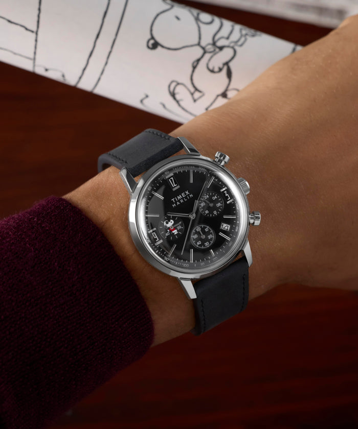 TW2Y48500 Peanuts® x Timex Marlin® Chronograph Joe Cool 40mm Leather Strap Watch Primary Wrist Image