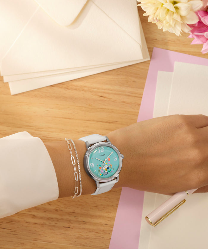 TW2Y68800 Peanuts® x Timex Marlin® Flower Dial 38mm Leather Strap Watch  Primary Wrist Image