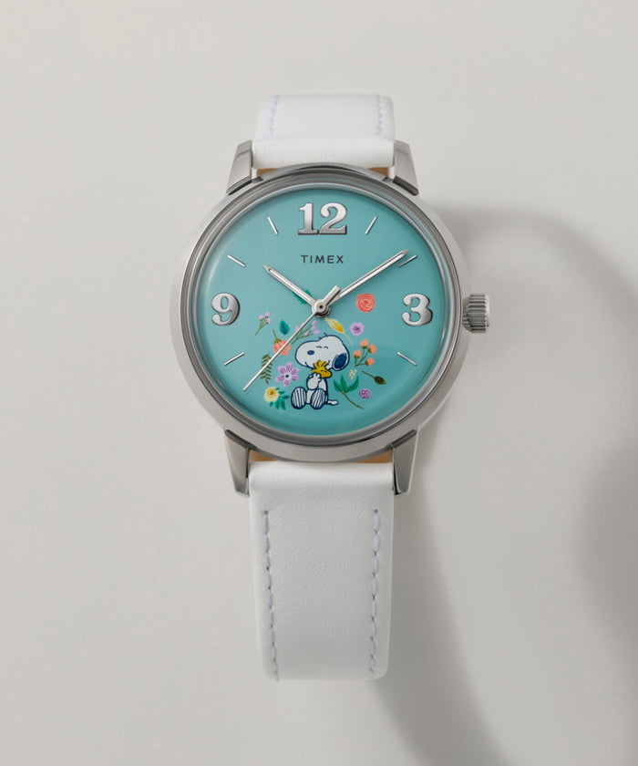 TW2Y68800 Peanuts® x Timex Marlin® Flower Dial 38mm Leather Strap Watch  Campaign Key Silhouettes (Beauty shots) Image