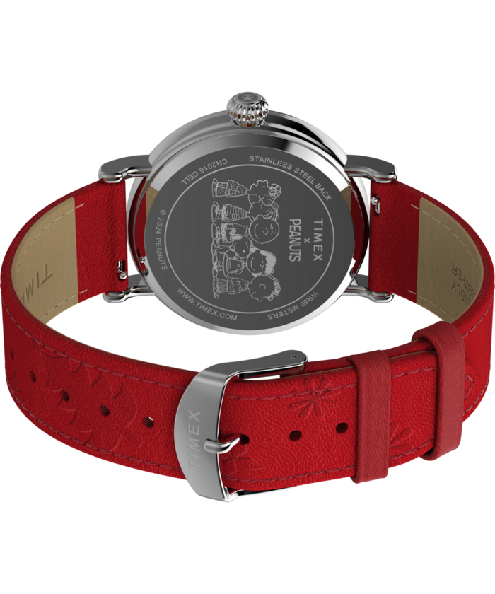 TW2W44400 Peanuts® x Timex Standard Snoopy Santa 40mm Leather Strap Watch Caseback with Attachment Image