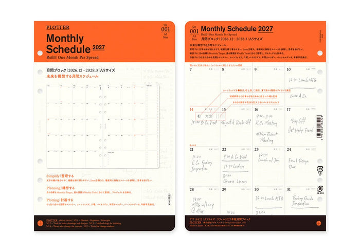 A5 Monthly Schedule 2027 refill, two calendar pages shown with orange header