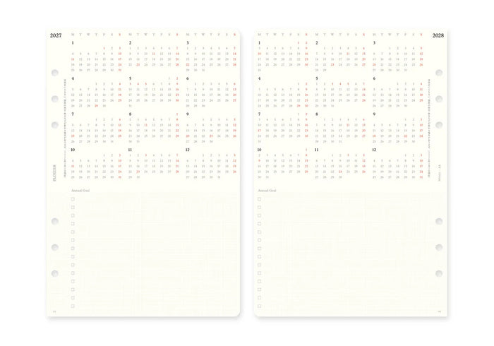 A5 schedule refill pages, year overview with small printed date rows
