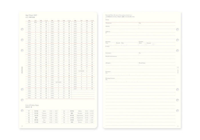 A5 schedule refill pages, table layout on left and lined notes on right