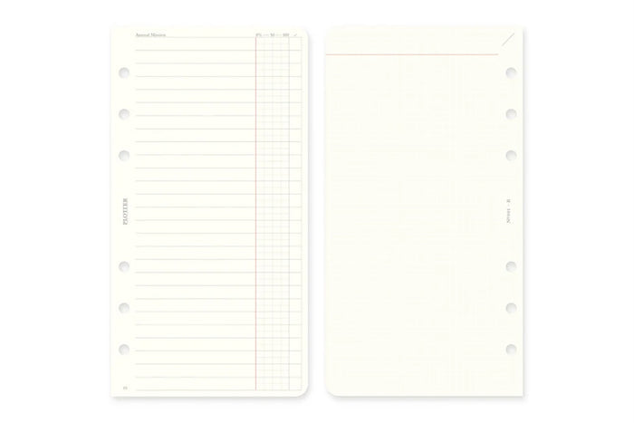 Two calendar refill inserts with punched holes; one ruled weekly page, one blank