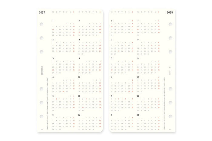 Year-at-a-glance refill pages showing 2027 and 2028 month grids, punched holes