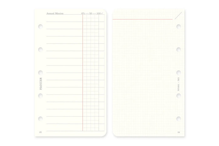 Two Mini-5 monthly schedule refill pages with ring holes and a light grid.