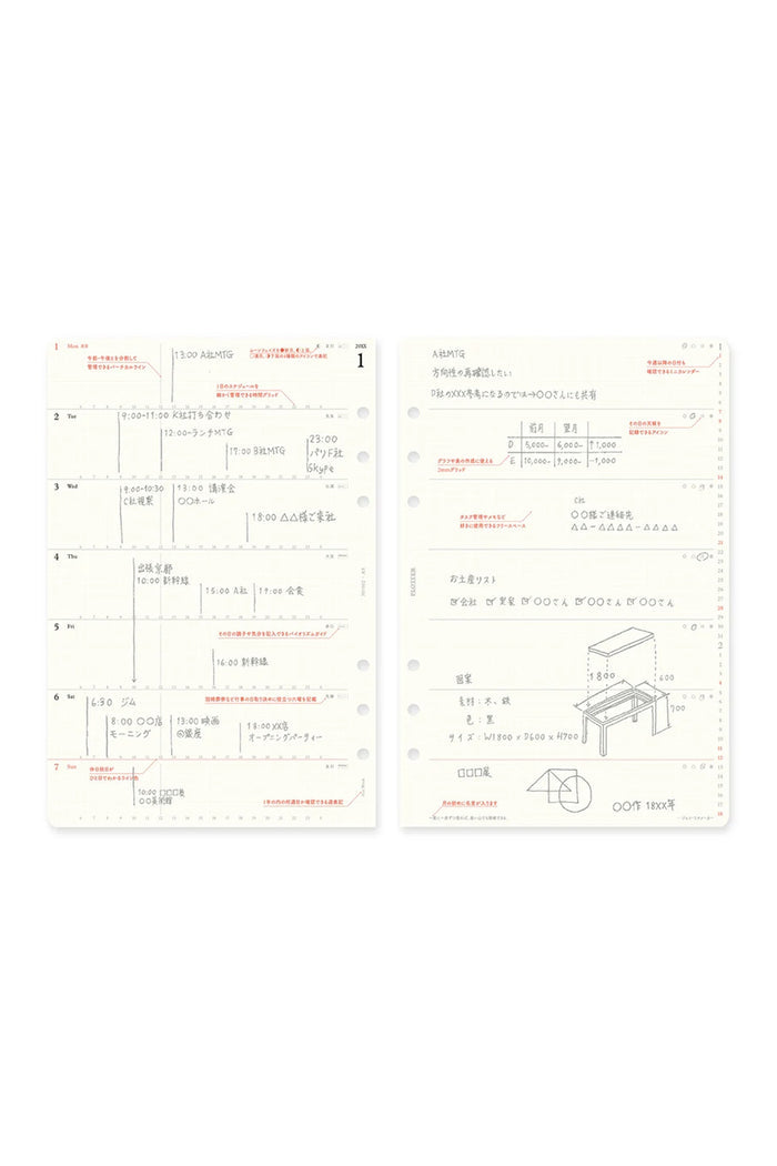 A5 weekly schedule diary refill pages with grid and small diagram notes