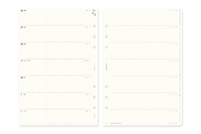 A5 weekly schedule diary refill with printed lines and red date highlights